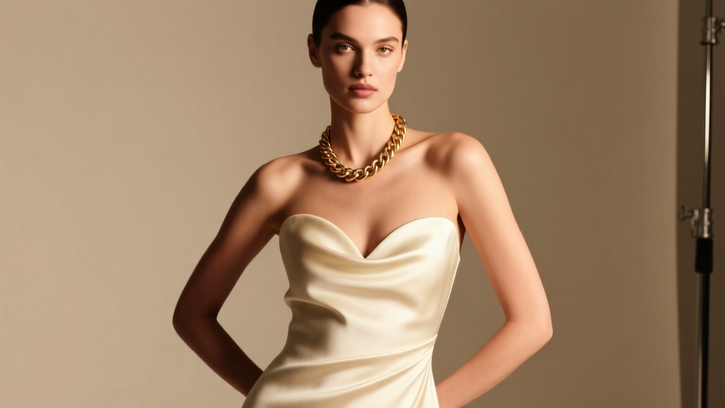 Model in a sweetheart dress wearing a fluid 14k rose gold rope chain mirroring the curved bodice edge, illuminated by warm studio light