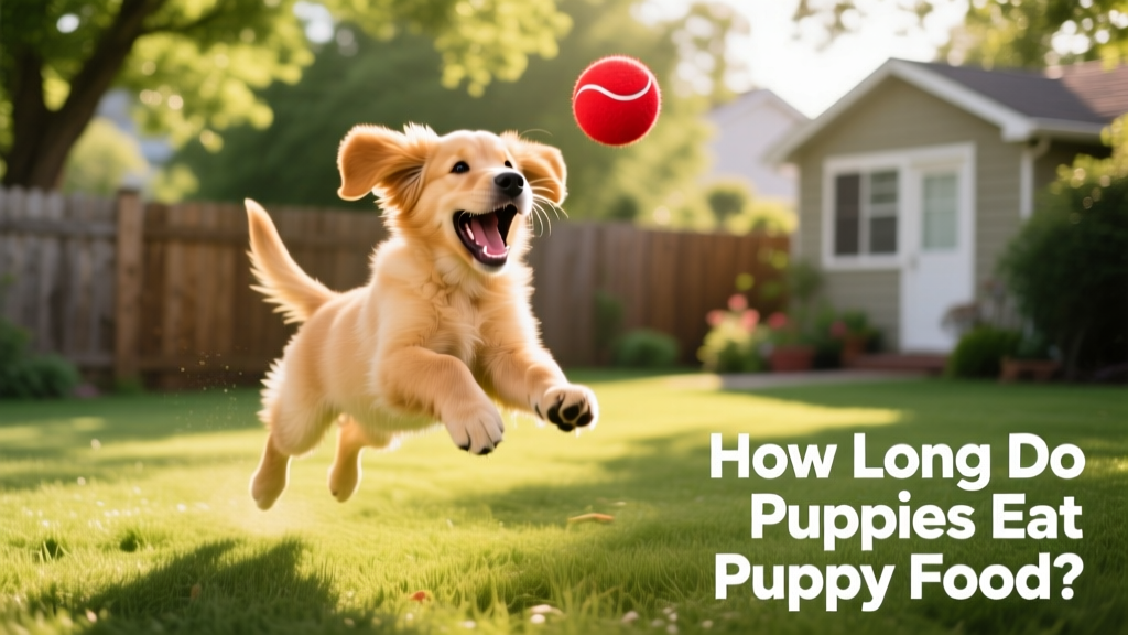 A playful golden retriever puppy mid-leap during a game of fetch in a sunlit backyard