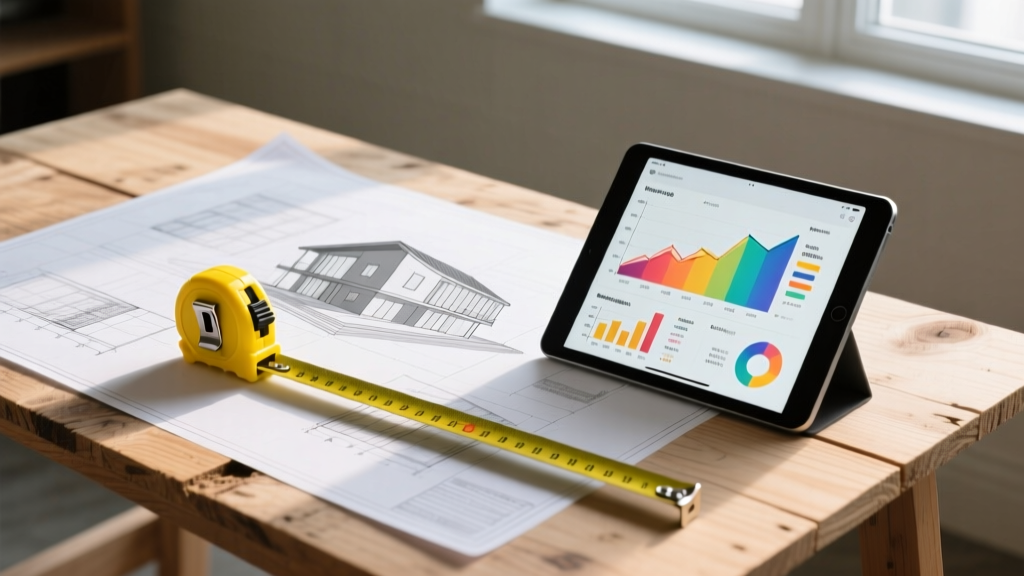 Blueprints on a plywood table next to a digital tablet displaying 3D building cost estimation charts and a yellow tape measure