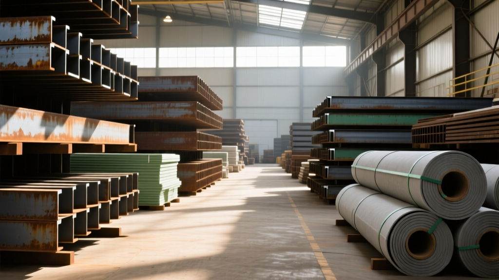 Stacks of reclaimed structural steel beams and bundled fiber cement siding inside a vast, sunlit Houston warehouse surplus yard.