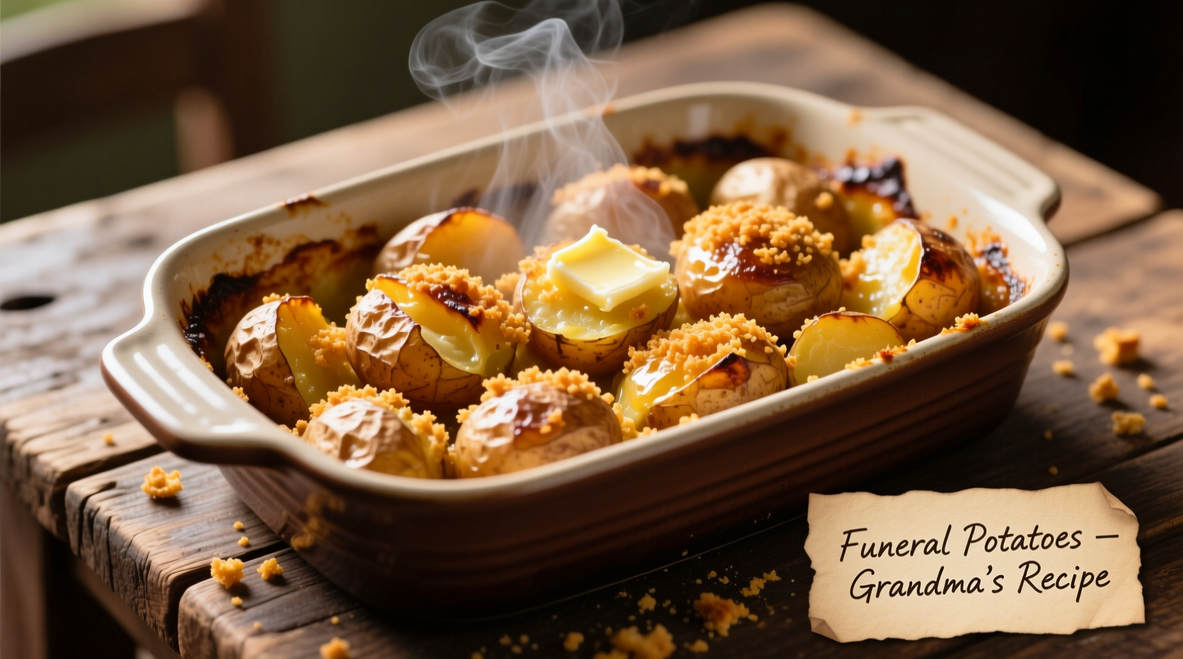 Baked funeral potatoes in ceramic dish with golden topping
