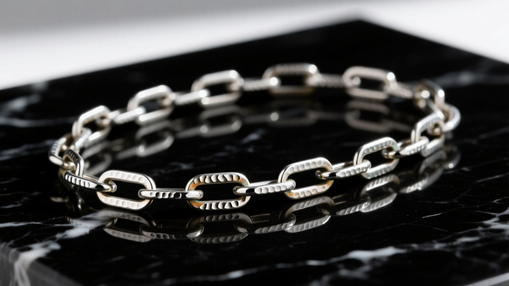 Macro photo of an oxidized Argentium silver paperclip chain, showing hammered texture and elongated links on a dark marble surface