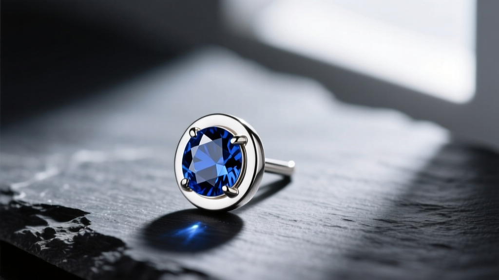Macro shot of a bezel-set royal blue sapphire stud earring in 18k white gold, resting on dark slate with dramatic side lighting