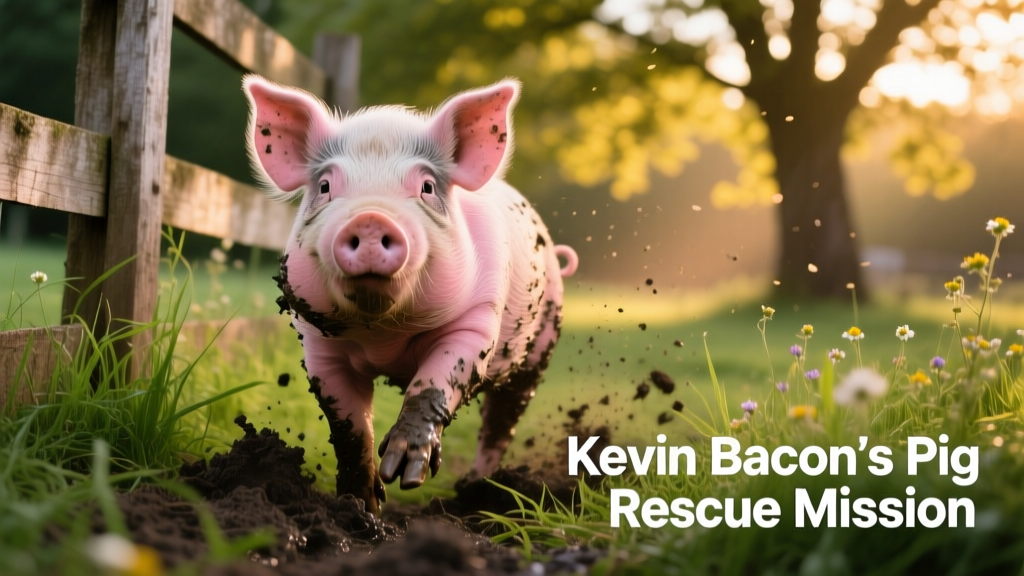 A cheerful, muddy pig rooting in grass near a wooden fence