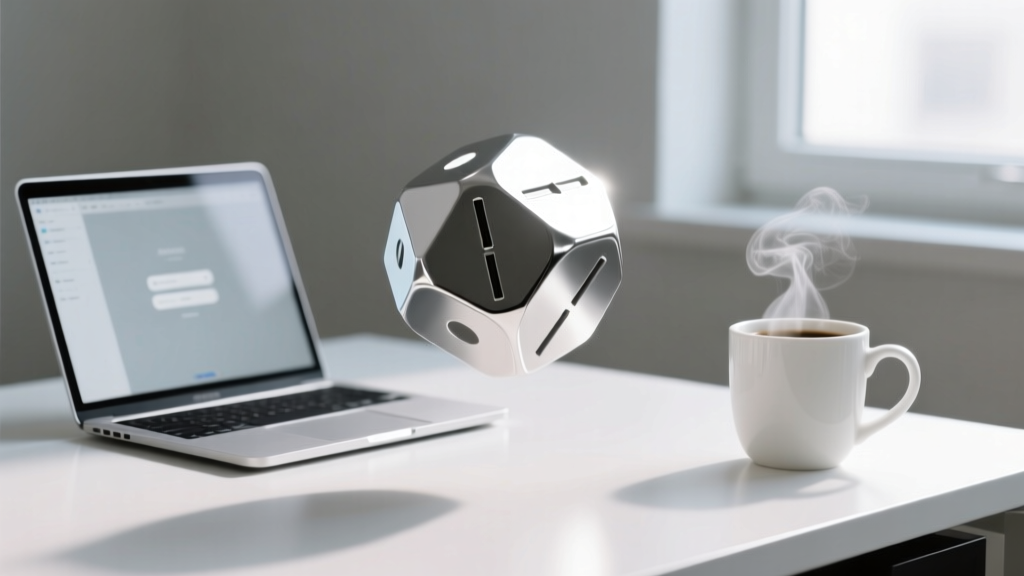Hand rotating an eight-sided aluminum time-tracking die on a minimalist desk next to a silver laptop and a white ceramic coffee mug.