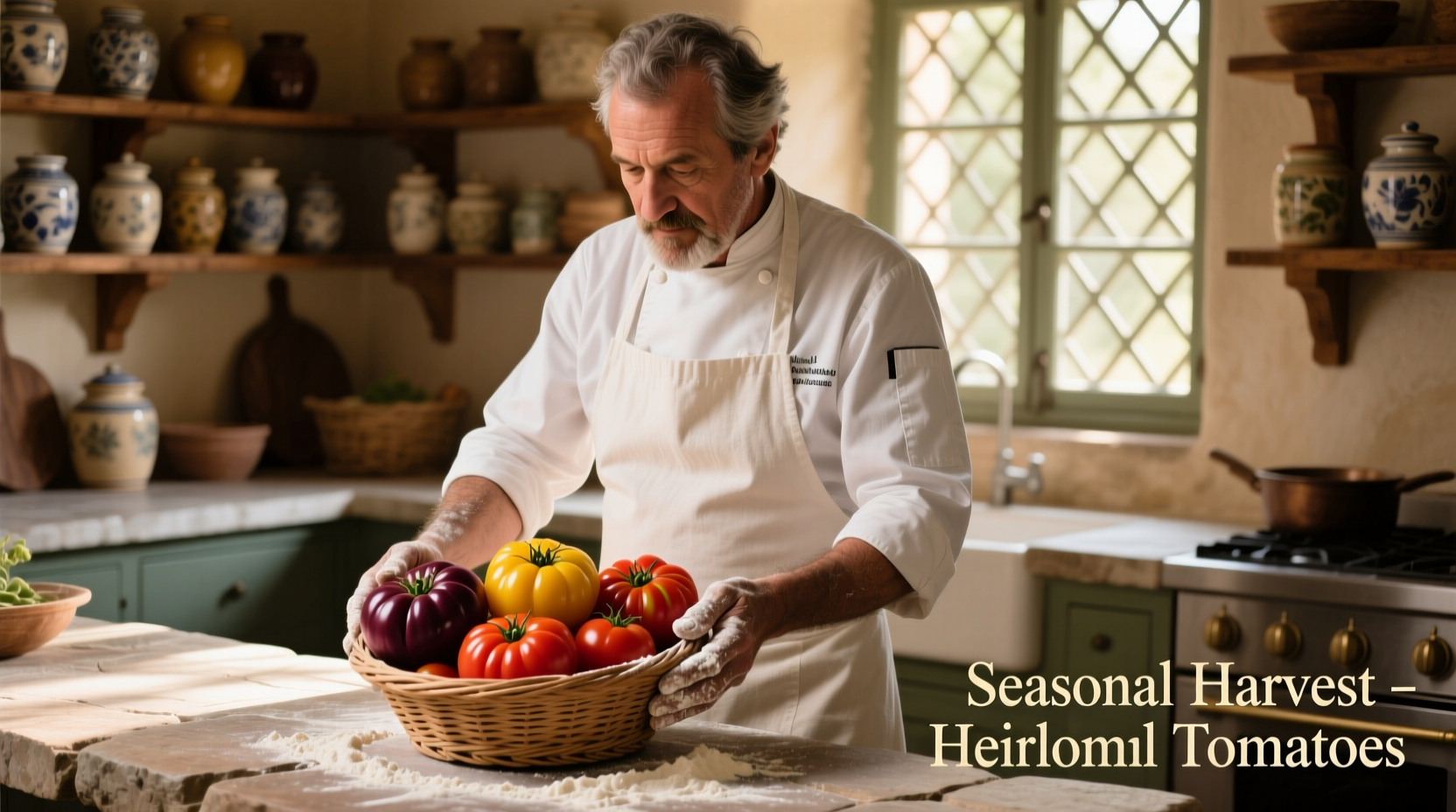 Chef preparing fresh tomato dishes with heirloom varieties