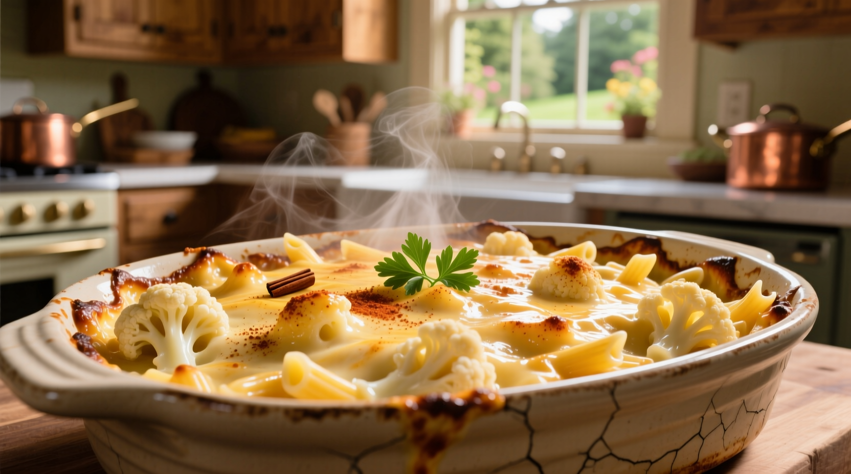 Creamy cauliflower mac and cheese in baking dish with golden top