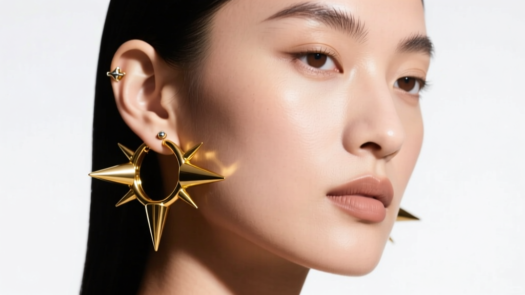 Model wearing 14k yellow gold spike hoop earrings in a helix piercing, studio lighting highlighting sharp cone tips.
