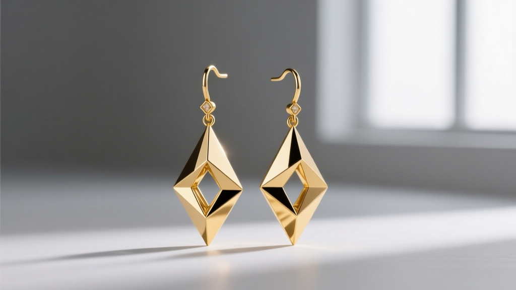 Sharp 18k gold geometric drop earrings revealing asymmetric architectural lines against a soft minimalist grey studio background