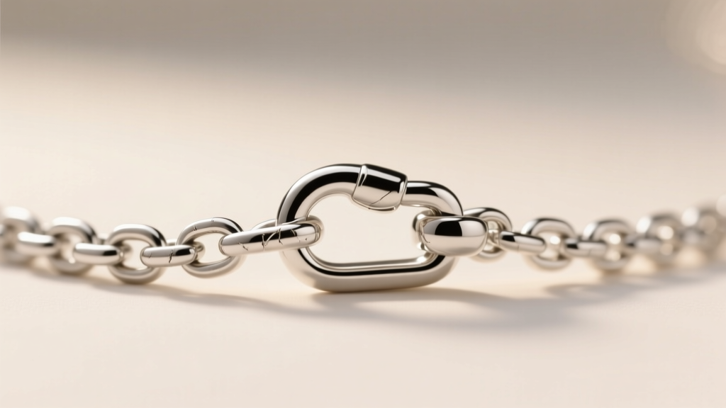 Macro shot of a 1.5mm sterling silver rolo chain link attached to a lobster clasp, highlighted by soft warm studio lighting.