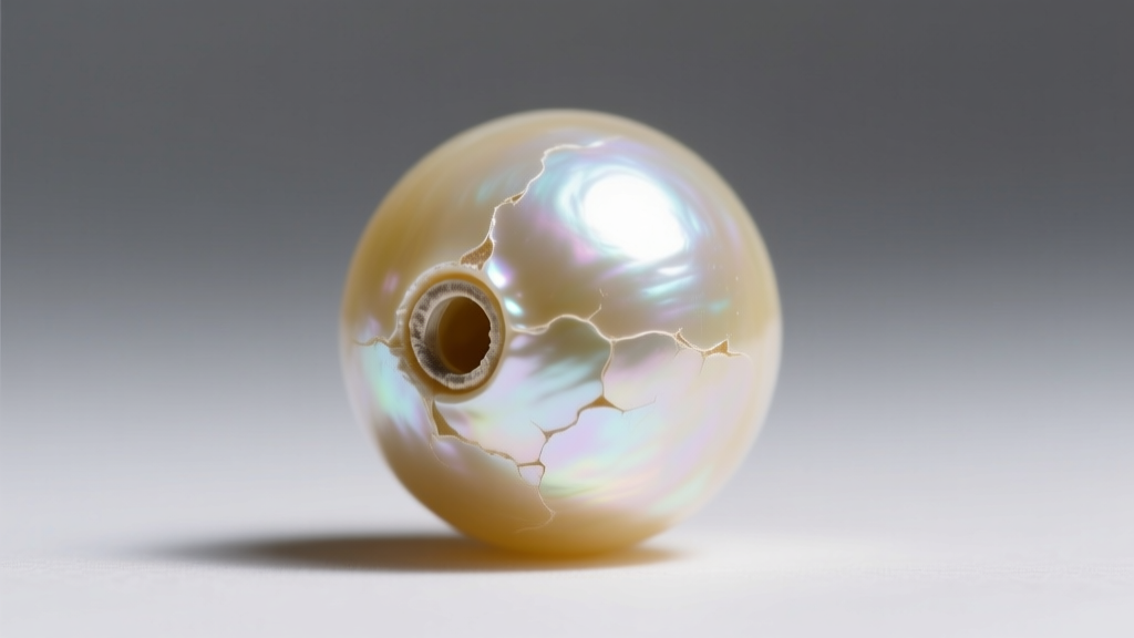 Macro close-up of a vintage faux pearl showing minor peeling of the pearlescent coating near the drill hole under bright lighting
