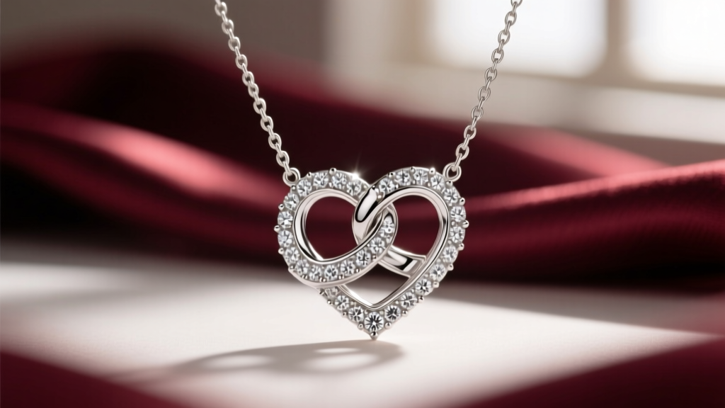 Macro shot of a platinum 950 infinity knot love necklace pendant with pave diamonds, catching warm light against blurred silk.