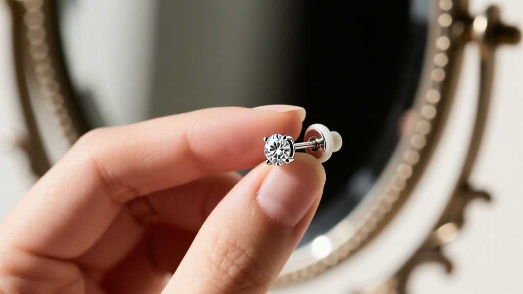 Hand holding a platinum diamond stud with a secure screw-back and silicone stopper against a blurred vanity mirror background.