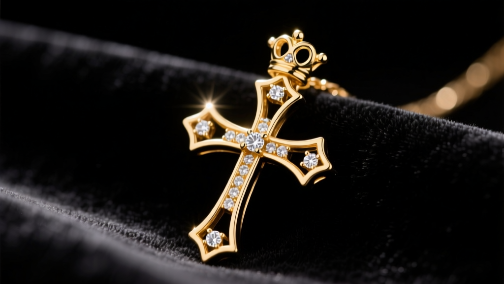 Close-up of a 14k gold cross with crown necklace on black velvet, highlighting arches and diamond accents in soft light.