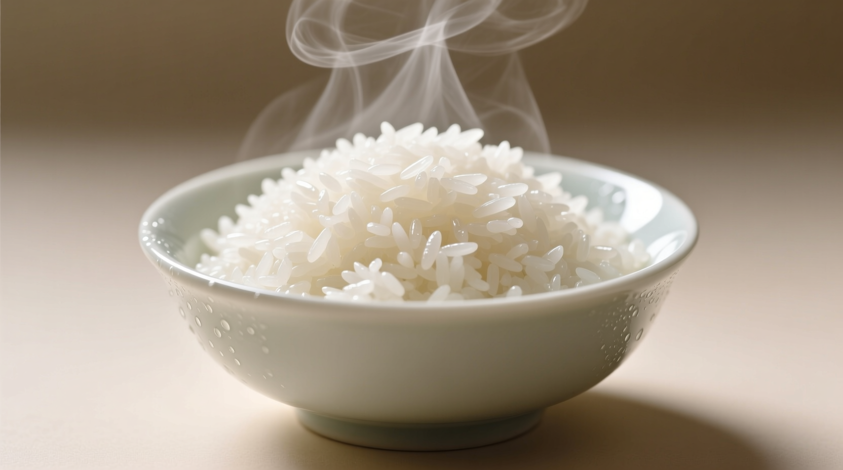 Perfectly reheated white rice in bowl with steam rising