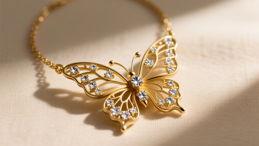 Close-up of a gold-plated brass Pilgrim butterfly necklace with clear crystal accents resting on a beige linen fabric background.