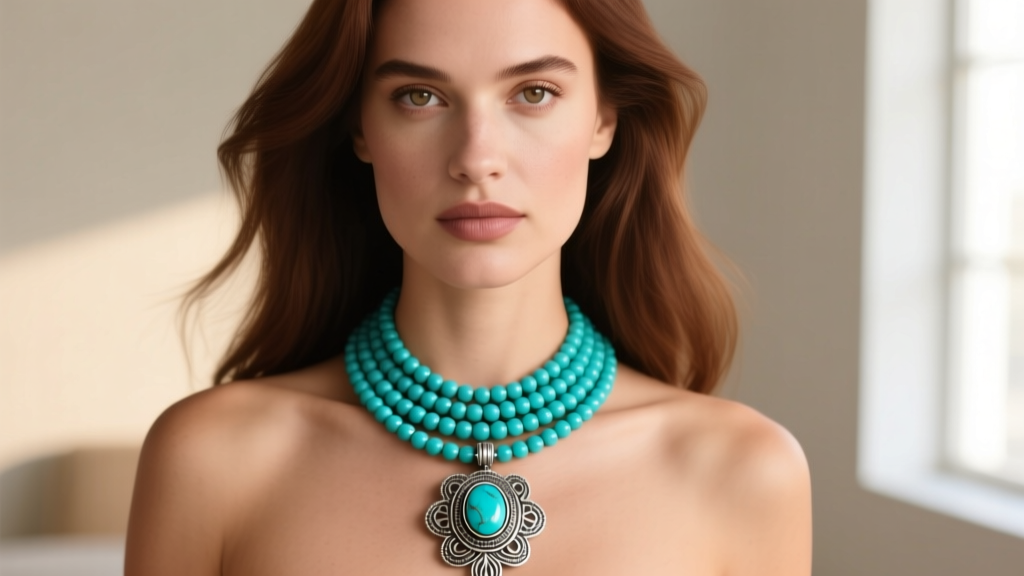 Portrait of a woman wearing a large, multi-strand turquoise bead necklace with a heavy silver squash blossom naja pendant.