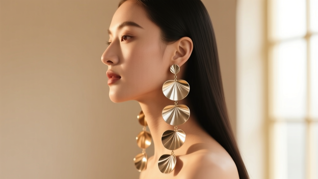 Side profile of a woman wearing long, multi-tiered circular wind chime earrings against a softly blurred, warm studio backdrop.