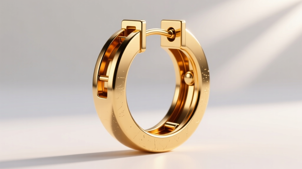 CAD rendering of a reinforced 14k gold hoop earring hinge, displaying the internal locking pin and structural metal supports in 3D.