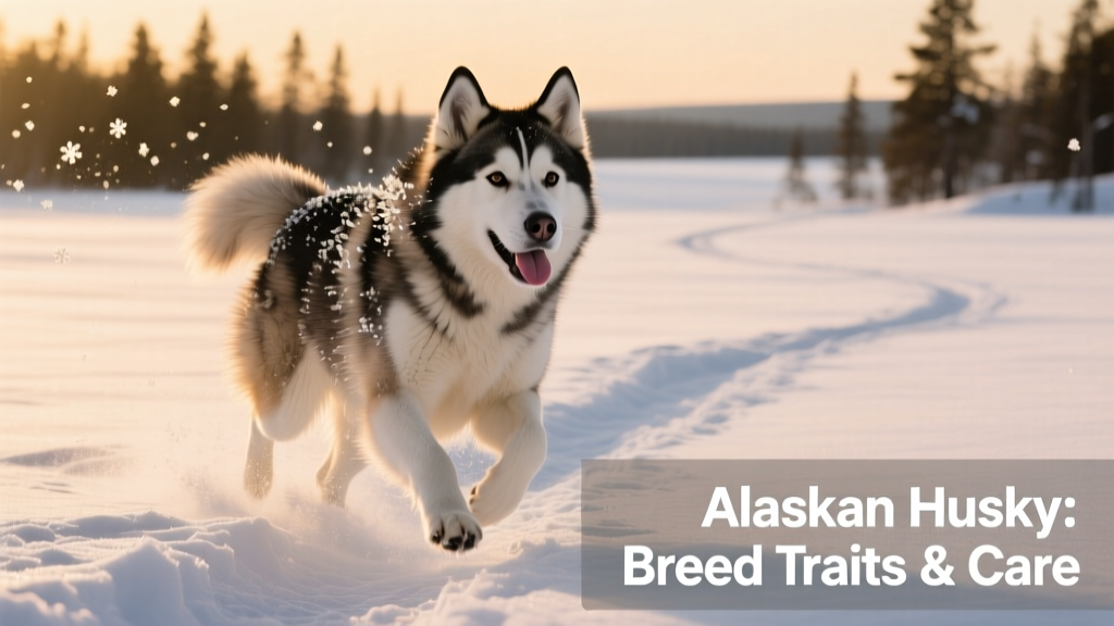 A spirited Alaskan husky running confidently across snowy terrain, mid-stride, with focused expression and thick double coat glistening