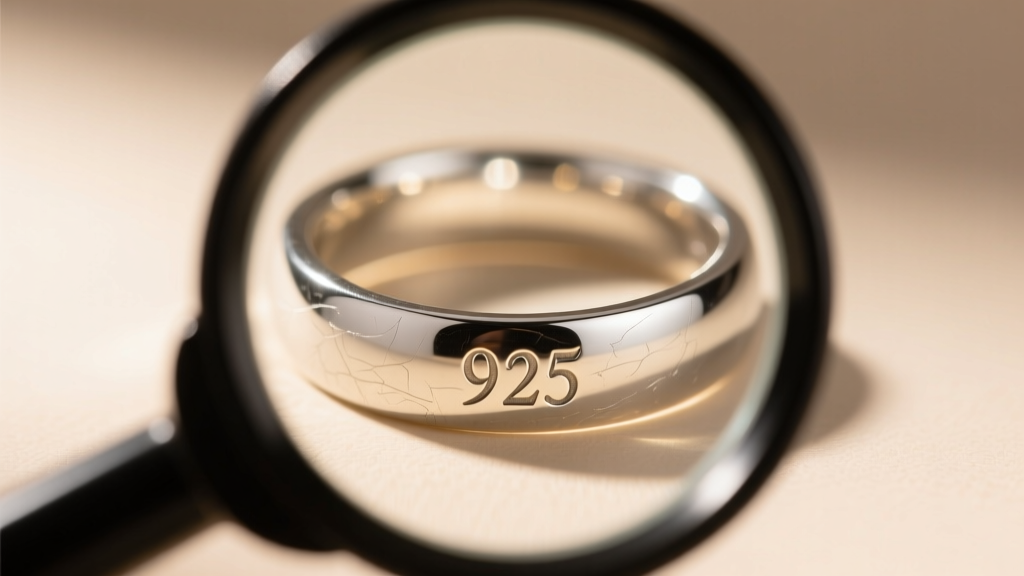 Macro shot of a loupe inspecting a tiny 925 hallmark stamped on the inner band of a highly polished sterling silver ring