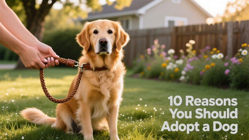 Two hands gently holding a leash attached to a relaxed golden retriever mix sitting calmly on grass