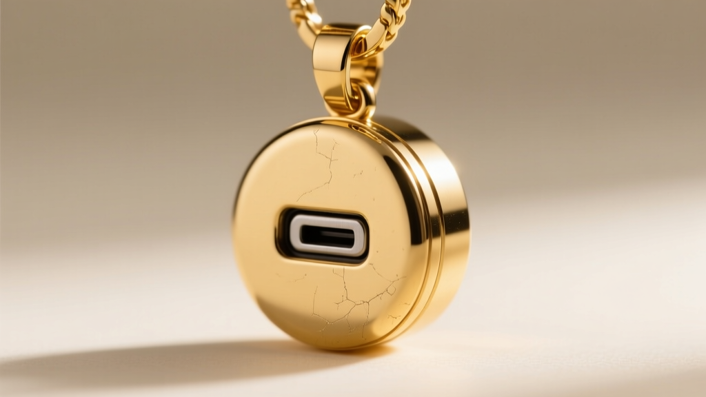 Macro shot of a gold PVD-coated steel camera pendant showing the seamless seam where the magnetic charging port meets the casing