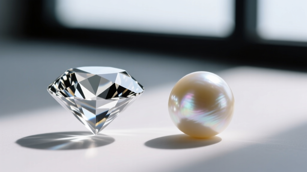 Macro comparison of a brilliant diamond and a soft pearl, showing differences in gemstone surface hardness and light reflection.