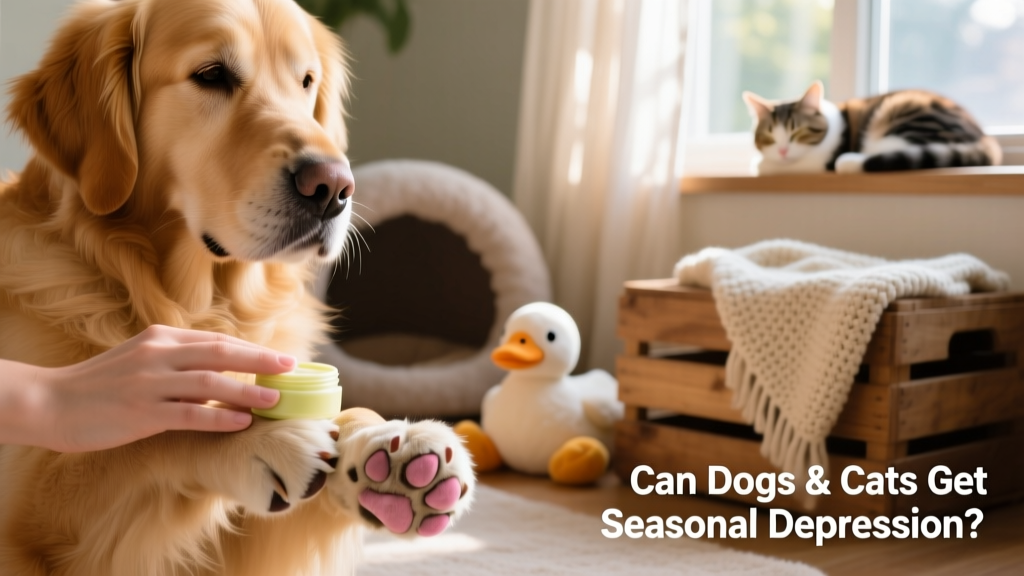 Close-up of a dog’s paws being gently massaged with paw balm, next to a cozy indoor setup with toys and a window perch