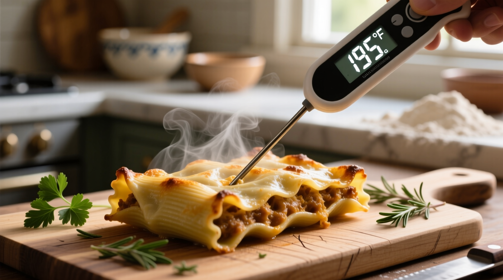 Food thermometer measuring stuffed pasta temperature
