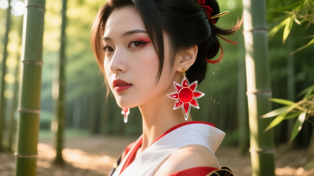 Close-up of a cosplayer wearing acrylic Hanafuda earrings with a red sun motif, standing in a sunlit bamboo forest setting.