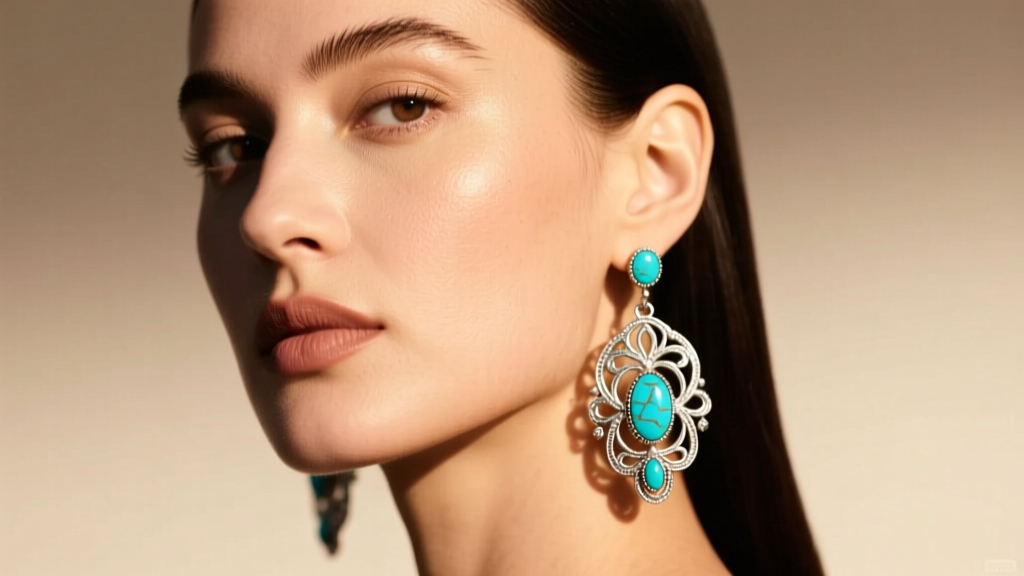 Portrait of a woman wearing intricate sterling silver dangle earrings with turquoise inlay, bathed in soft golden hour lighting.
