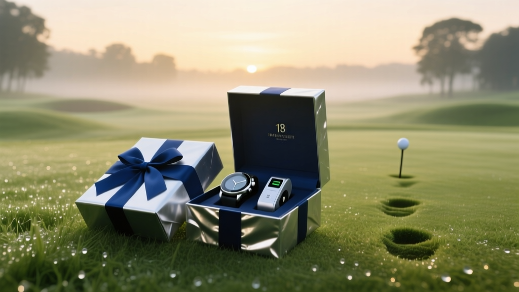 A beautifully wrapped gift box sitting on the 18th green at dawn, revealing a sleek GPS golf watch and laser rangefinder inside.