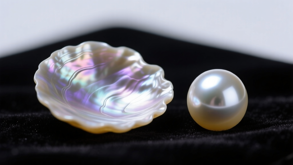 Macro photo of raw baroque freshwater pearl next to glass pearl, showing nacre texture and luster on dark velvet.