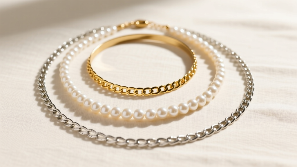 Flat lay of three layered necklaces on cream linen: a 14-inch gold choker, a 20-inch pearl rosary, and a 26-inch silver chain