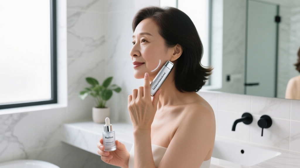Woman in a minimalist modern bathroom applying hyaluronic acid serum while holding the Medicube AGE-R Booster Pro device against her jawline