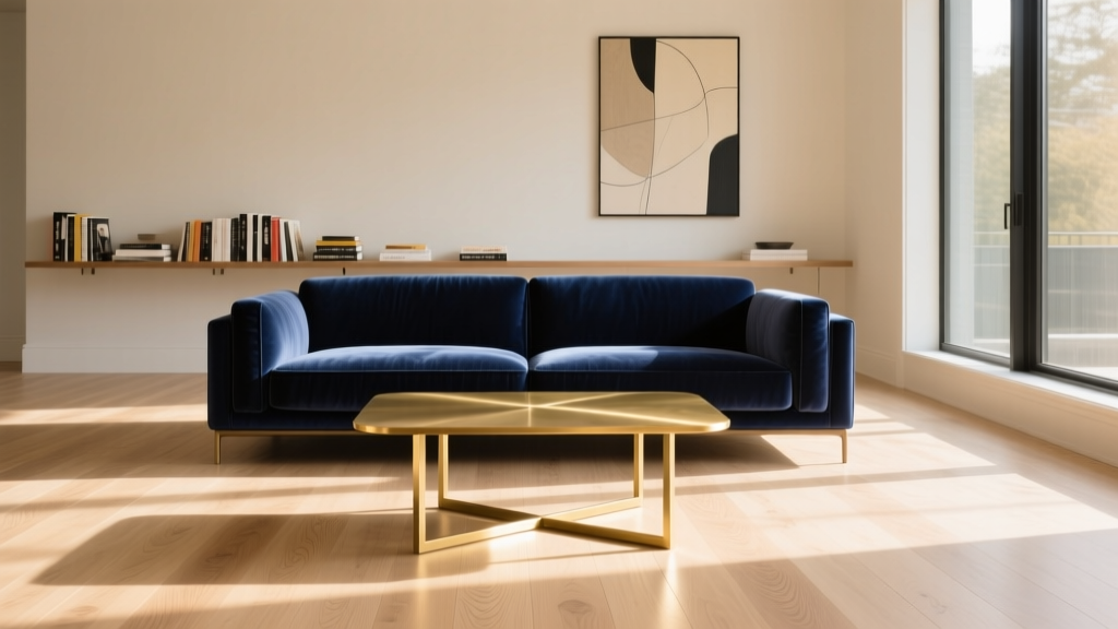 Sunlit modern lounge with wide-plank white oak hardwood floors, navy velvet sofa, and brass coffee table in warm afternoon light.