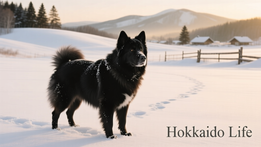 black hokkaido standing in snow