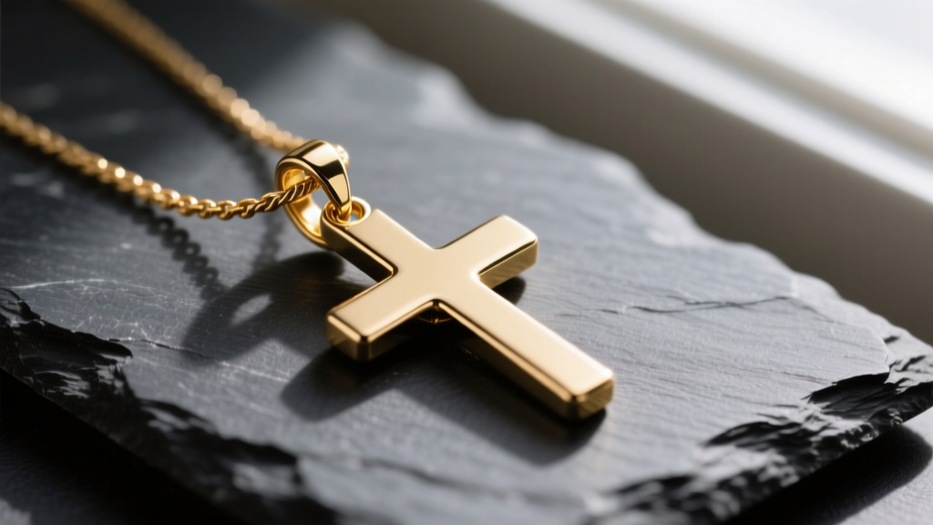 Modest gold cross pendant on a 1.5mm cable chain on dark slate, highlighting the polished metal texture and a soldered bail.