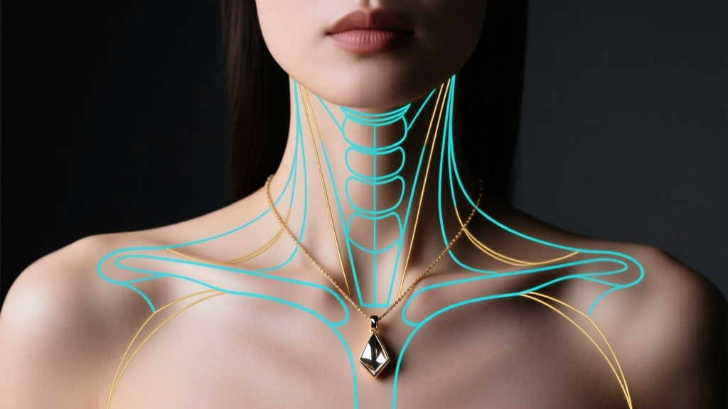 Technical line-art overlay on a woman with necklace, highlighting clavicle landmarks and pendant drop angles on dark background