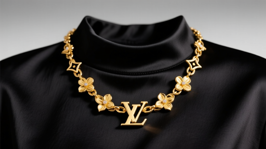 Close-up of an 18k yellow gold LV Color Blossom chain necklace on a black silk blouse, soft studio lighting, macro jewelry detail.