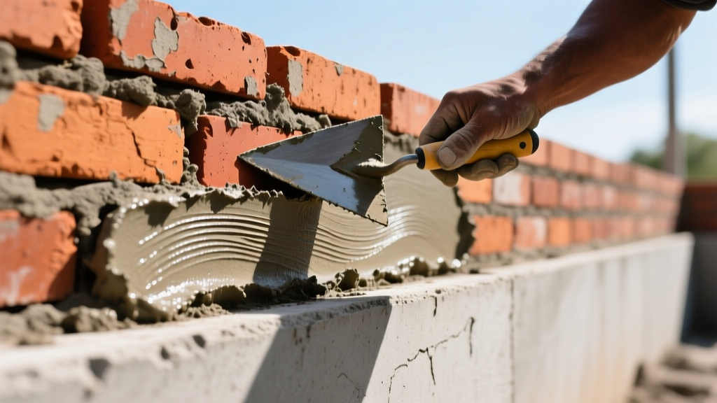Close-up of a mason troweling fresh cement mortar onto a red clay brick wall next to a poured concrete footing in bright daylight