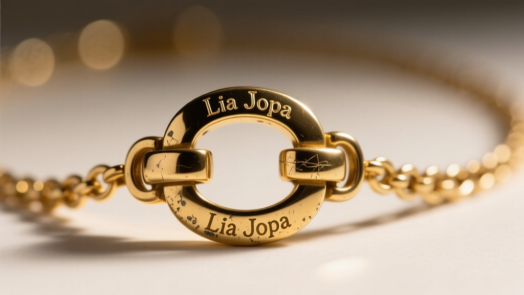 Macro shot of a vintage gold-tone Lia Sophia jewelry necklace clasp revealing brass base metal wear under bright studio lighting.