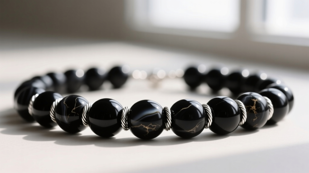 Close-up of genuine black onyx bead necklace with silver wire wrapping, showing natural waxy luster and slight surface inclusions.