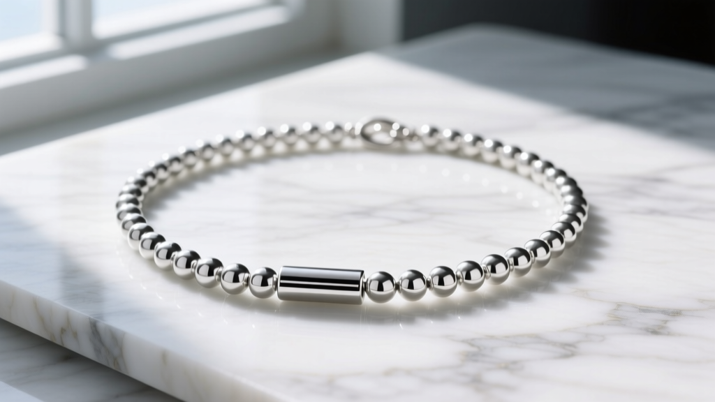 Flat lay of an Argentium silver beads necklace with a modern magnetic barrel clasp on a textured white marble surface.