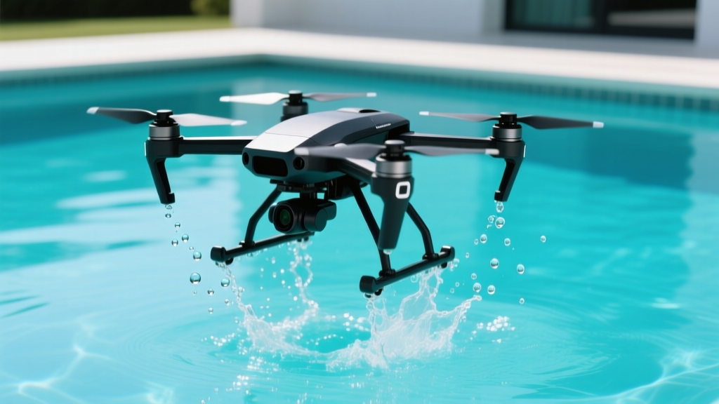 SwellPro SplashDrone 4 hovering just above a turquoise swimming pool surface with water droplets splashing on its landing gear