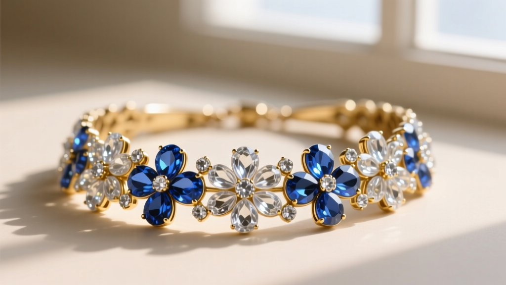 Close-up of a vintage Kramer floral rhinestone collar necklace with clear and sapphire blue glass stones on a gold-tone base.
