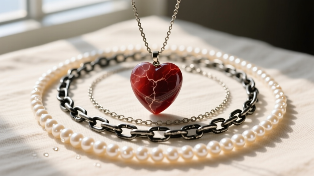 Layered necklace stack with a 16-inch heart stone pendant, an 18-inch oxidized silver paperclip chain, and a 20-inch pearl strand