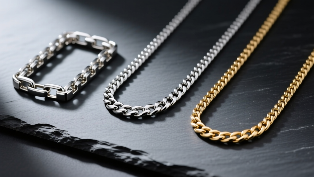 Flat lay of three necklace chain weaves including box, curb, and cable on a dark slate surface with soft directional lighting
