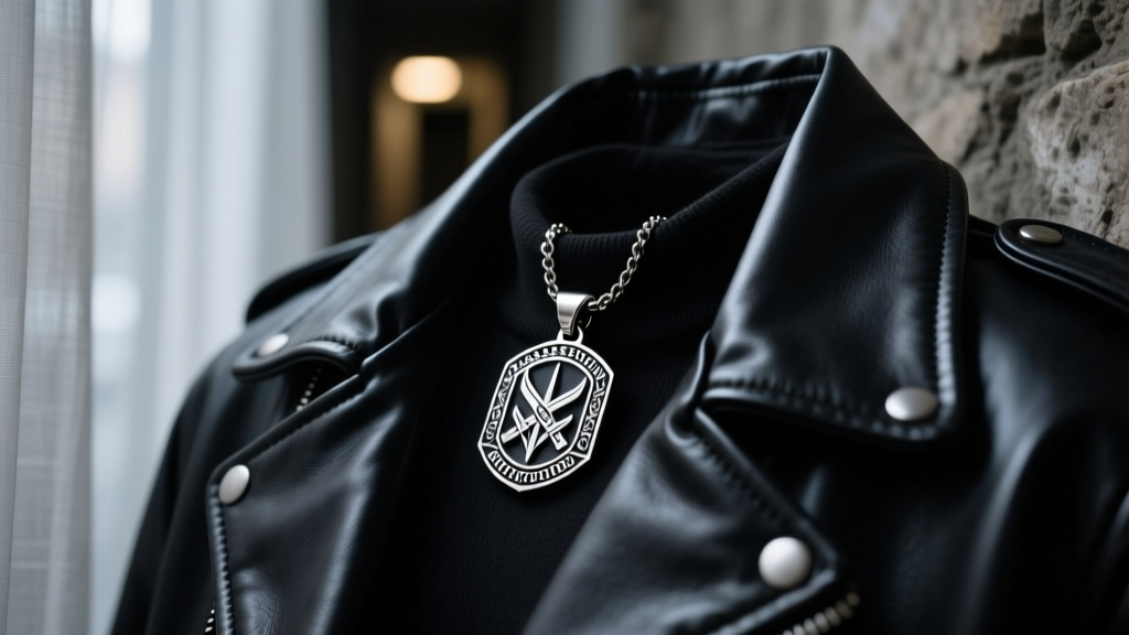 Close-up of a brushed 316L stainless steel Assassin Brotherhood pendant resting on a dark leather jacket collar, moody lighting.